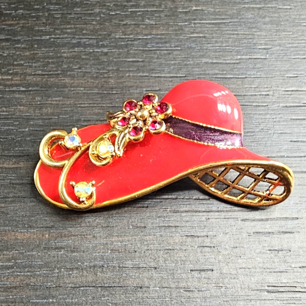 Avon Red and Gold Hat Brooch with Gem Accents
